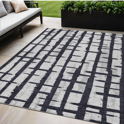 Tabselect Home Line 5' X 8' Black Beige And Gray Striped Washable Indoor Outdoor Area Rug