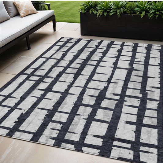 Tabselect Home Line 5' X 8' Black Beige And Gray Striped Washable Indoor Outdoor Area Rug