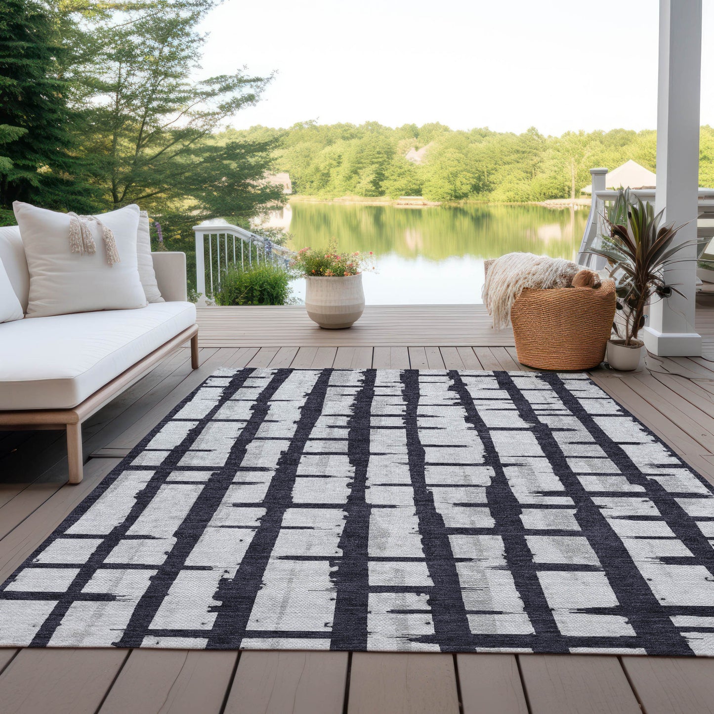 Tabselect Home Line 5' X 8' Black Beige And Gray Striped Washable Indoor Outdoor Area Rug