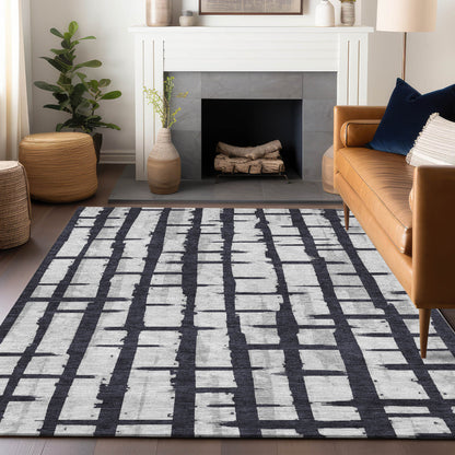 Tabselect Home Line 5' X 8' Black Beige And Gray Striped Washable Indoor Outdoor Area Rug