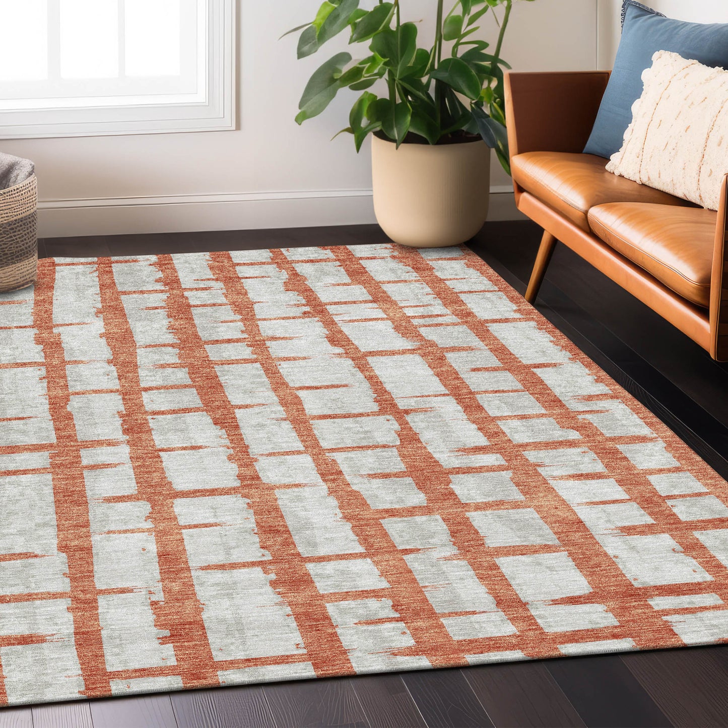 Tabselect Home Line 5' X 8' Coral And Gray Striped Washable Indoor Outdoor Area Rug
