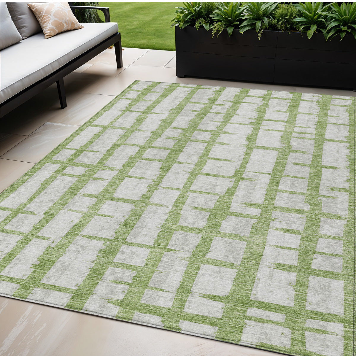Tabselect Home Line 5' X 8' Green And Gray Striped Washable Indoor Outdoor Area Rug
