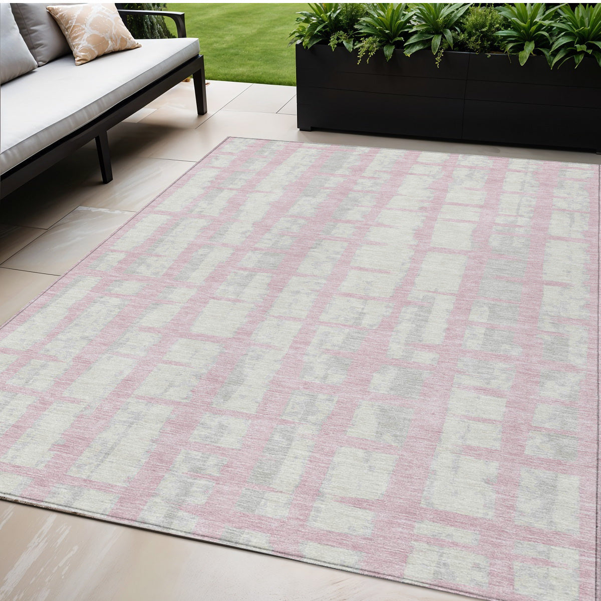 Tabselect Home Line 5' X 8' Pink Gray And Ivory Striped Washable Indoor Outdoor Area Rug