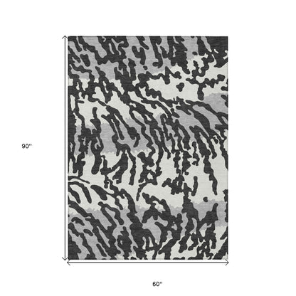 Tabselect Home Line 5' X 8' Black Gray And Ivory Animal Print Washable Indoor Outdoor Area Rug