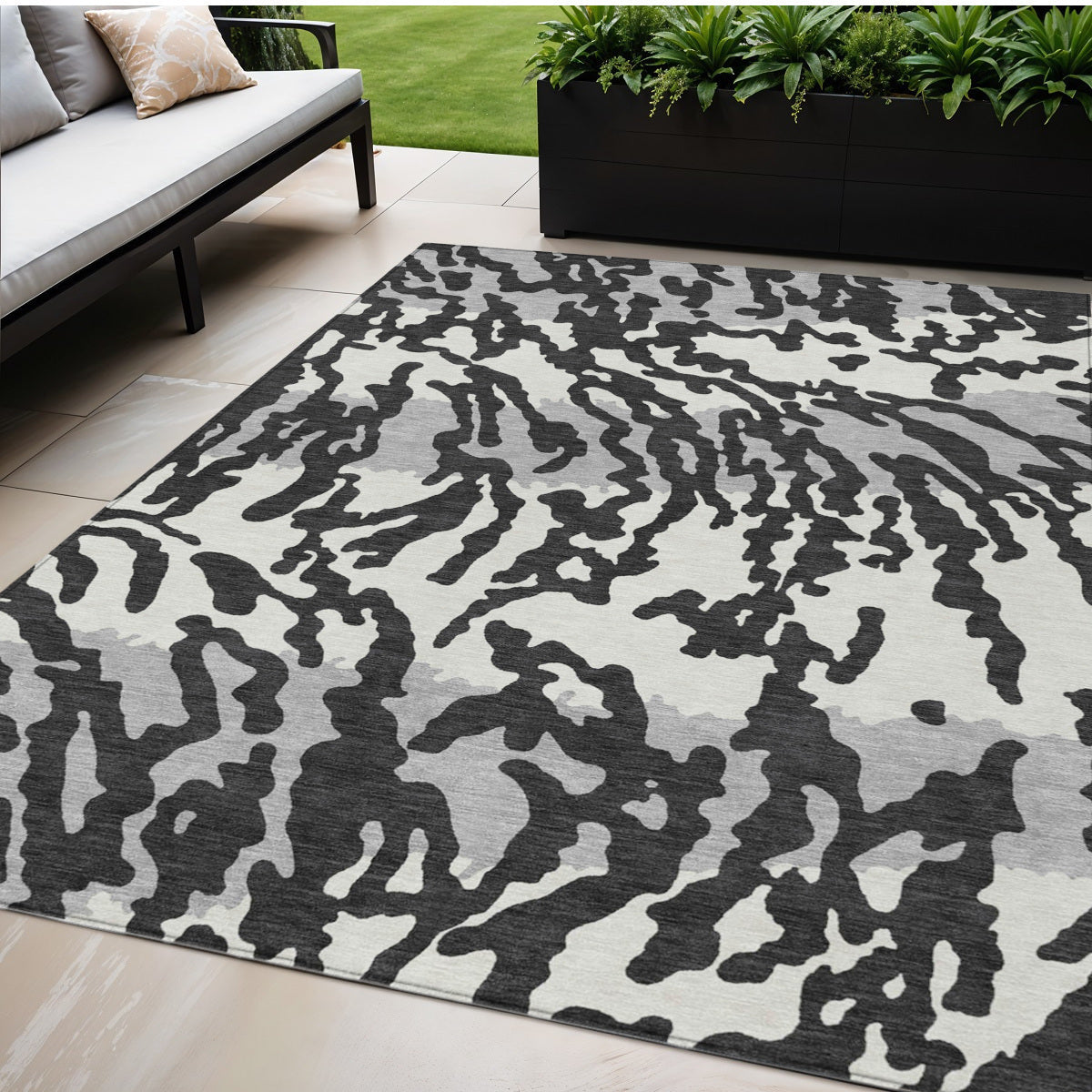 Tabselect Home Line 5' X 8' Black Gray And Ivory Animal Print Washable Indoor Outdoor Area Rug