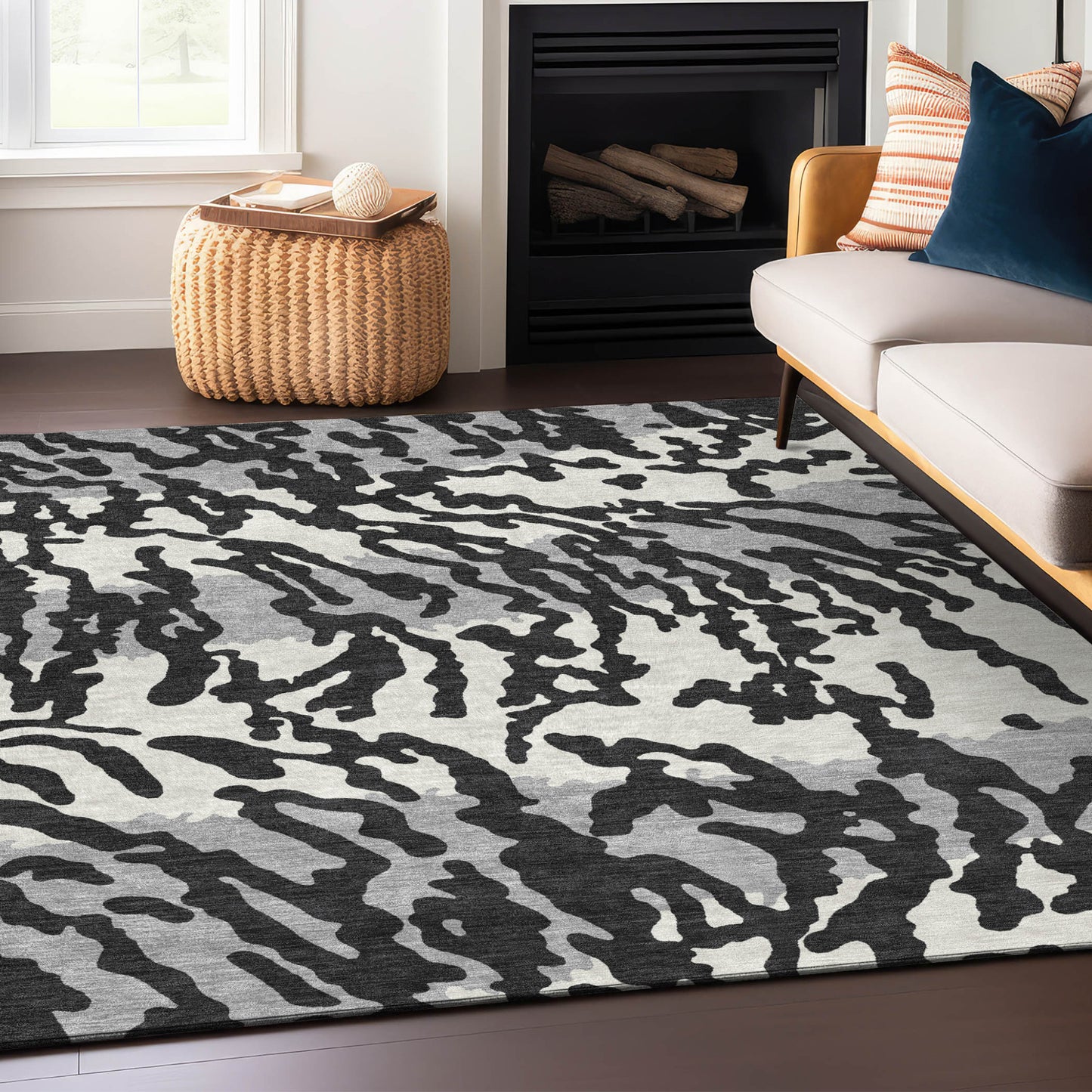 Tabselect Home Line 5' X 8' Black Gray And Ivory Animal Print Washable Indoor Outdoor Area Rug