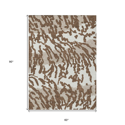 Tabselect Home Line 5' X 8' Chocolate Beige And Ivory Animal Print Washable Indoor Outdoor Area Rug