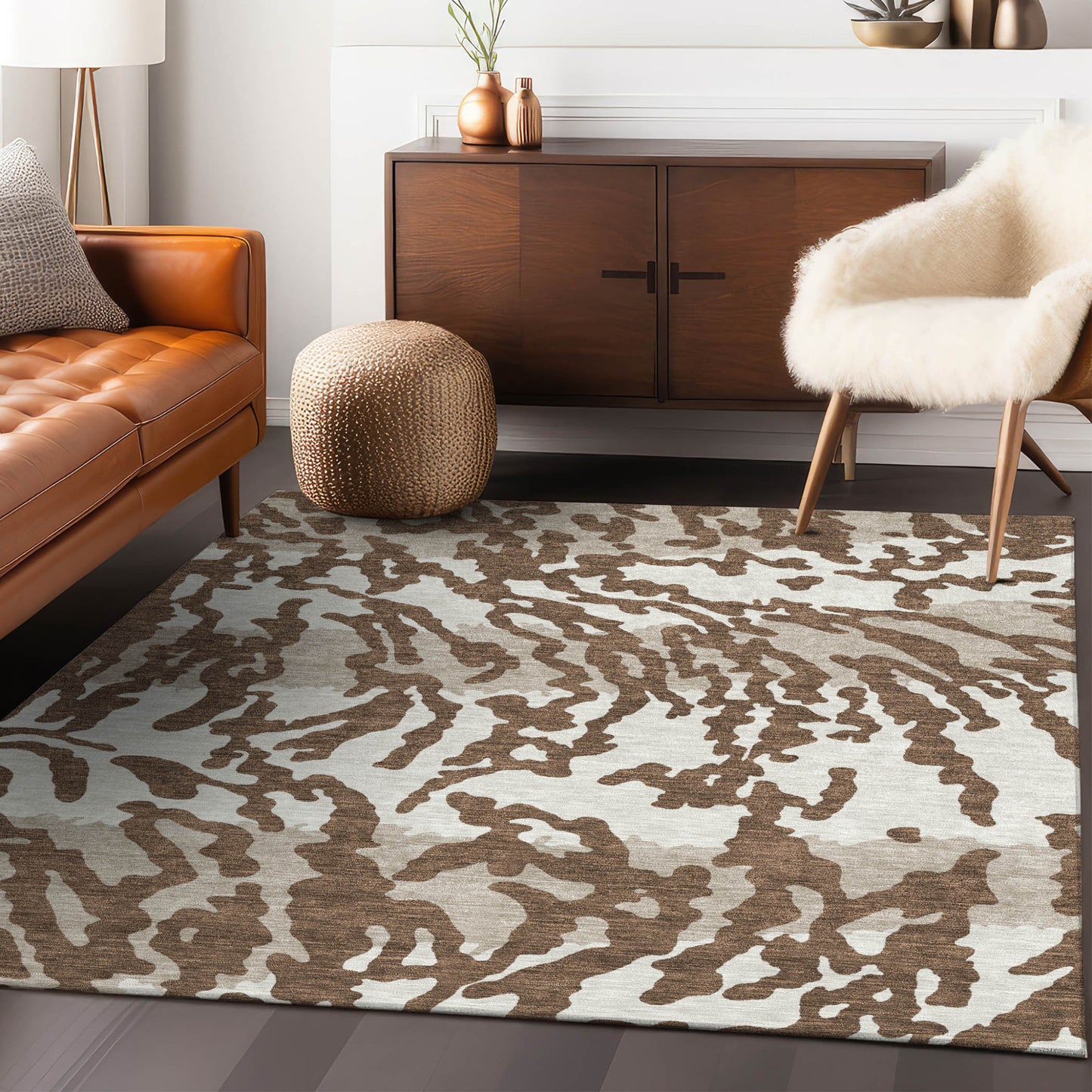 Tabselect Home Line 5' X 8' Chocolate Beige And Ivory Animal Print Washable Indoor Outdoor Area Rug