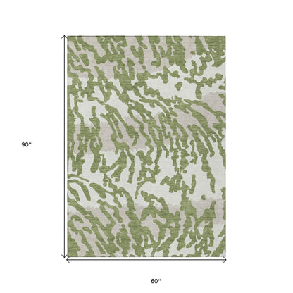 Tabselect Home Line 5' X 8' Green Gray And Ivory Animal Print Washable Indoor Outdoor Area Rug