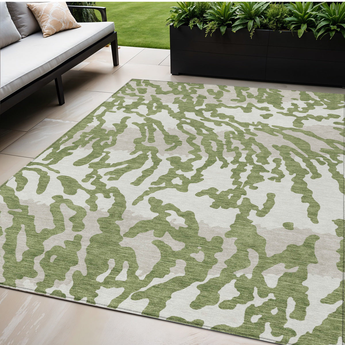 Tabselect Home Line 5' X 8' Green Gray And Ivory Animal Print Washable Indoor Outdoor Area Rug
