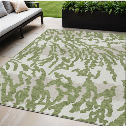 Tabselect Home Line 5' X 8' Green Gray And Ivory Animal Print Washable Indoor Outdoor Area Rug