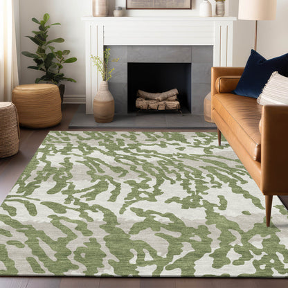 Tabselect Home Line 5' X 8' Green Gray And Ivory Animal Print Washable Indoor Outdoor Area Rug