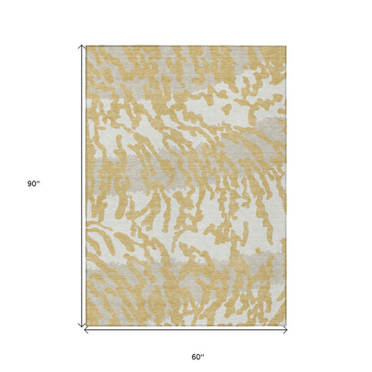 Tabselect Home Line 5' X 8' Gold Gray And Ivory Animal Print Washable Indoor Outdoor Area Rug