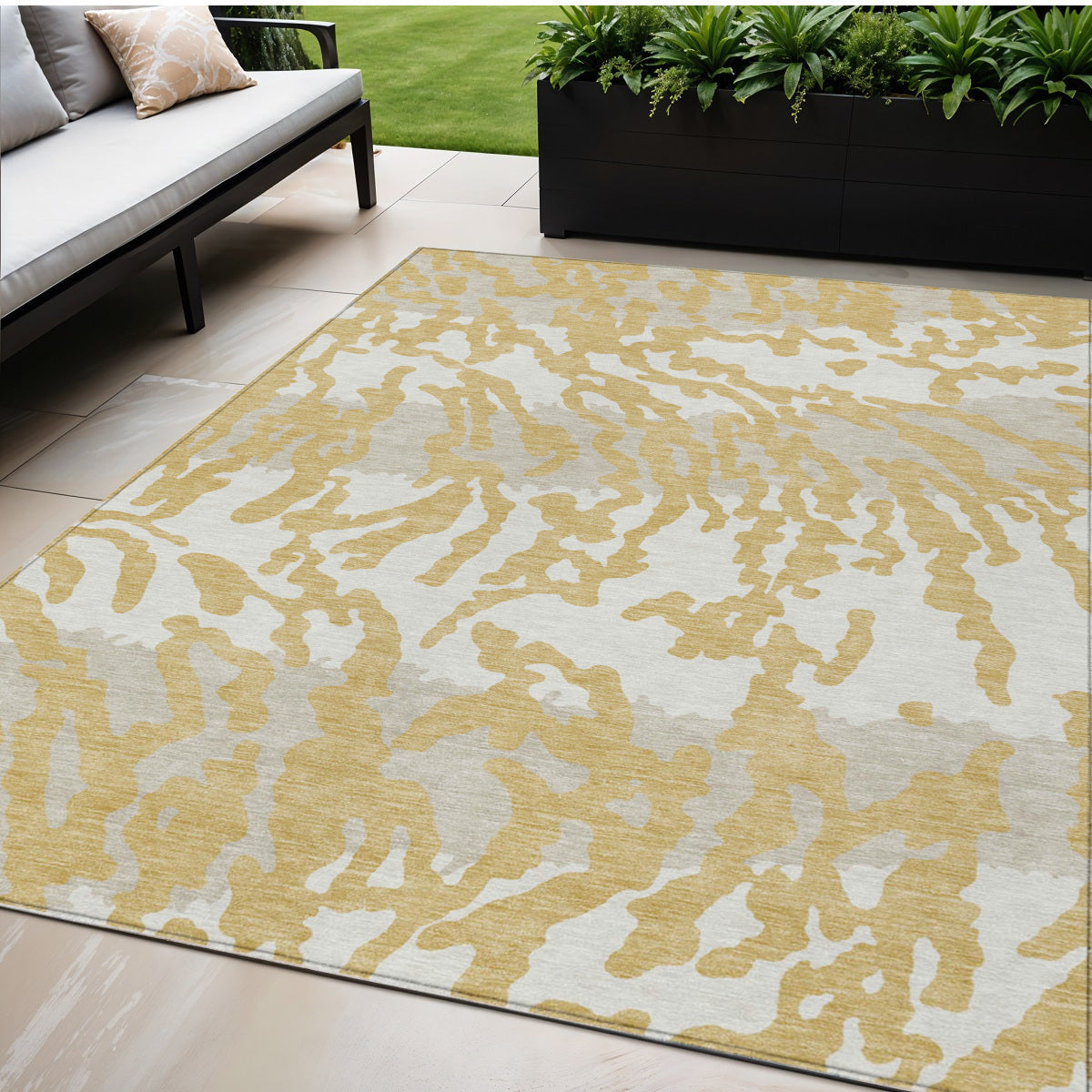 Tabselect Home Line 5' X 8' Gold Gray And Ivory Animal Print Washable Indoor Outdoor Area Rug