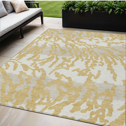 Tabselect Home Line 5' X 8' Gold Gray And Ivory Animal Print Washable Indoor Outdoor Area Rug