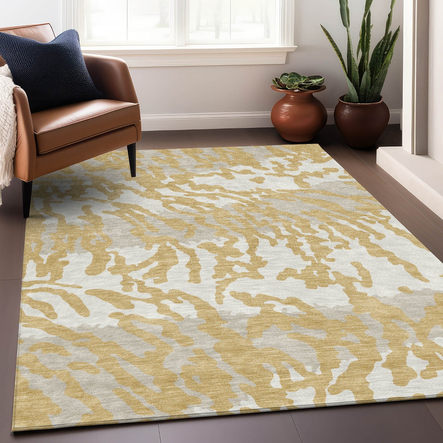Tabselect Home Line 5' X 8' Gold Gray And Ivory Animal Print Washable Indoor Outdoor Area Rug