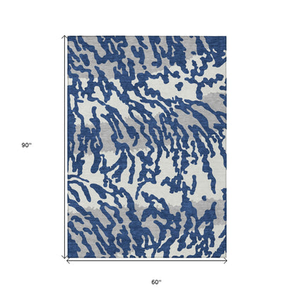 Tabselect Home Line 5' X 8' Navy Blue Gray And Ivory Animal Print Washable Indoor Outdoor Area Rug