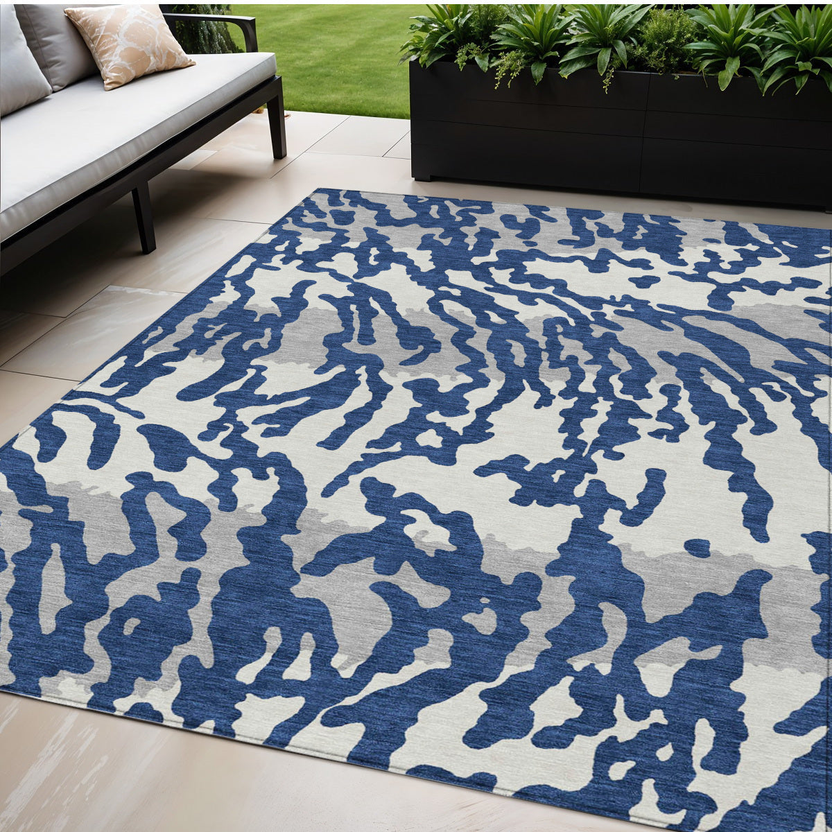 Tabselect Home Line 5' X 8' Navy Blue Gray And Ivory Animal Print Washable Indoor Outdoor Area Rug
