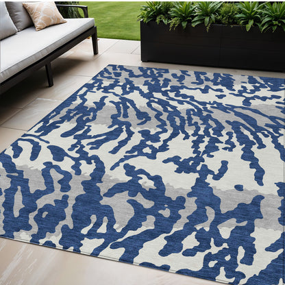 Tabselect Home Line 5' X 8' Navy Blue Gray And Ivory Animal Print Washable Indoor Outdoor Area Rug