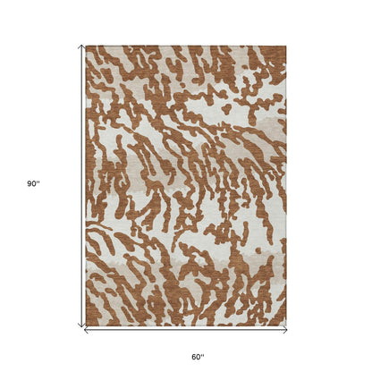 Tabselect Home Line 5' X 8' Brown Beige And Ivory Animal Print Washable Indoor Outdoor Area Rug