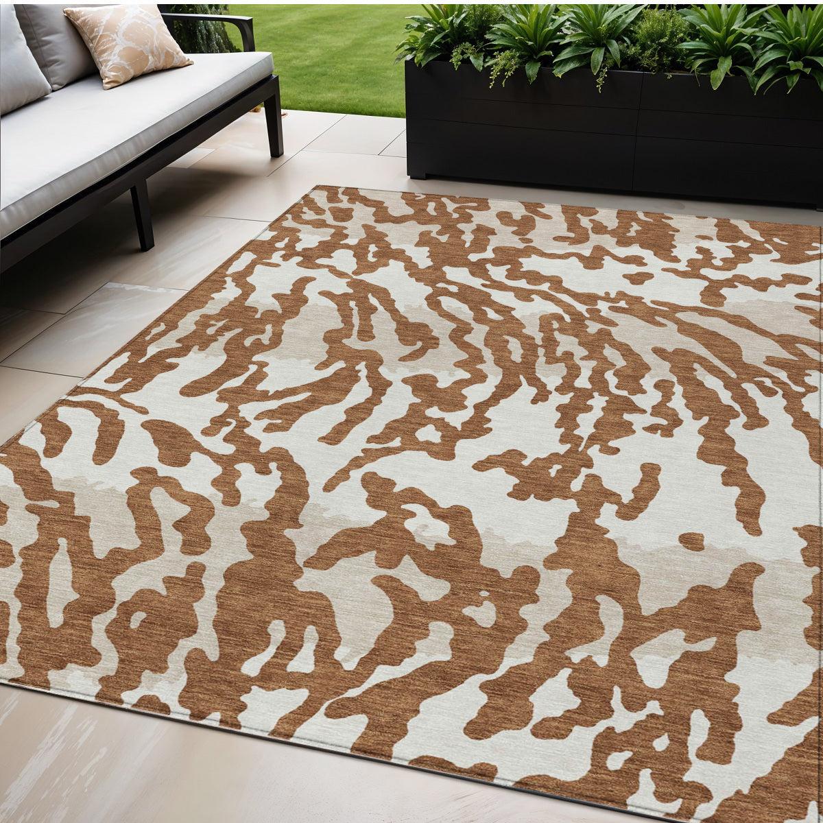 Tabselect Home Line 5' X 8' Brown Beige And Ivory Animal Print Washable Indoor Outdoor Area Rug