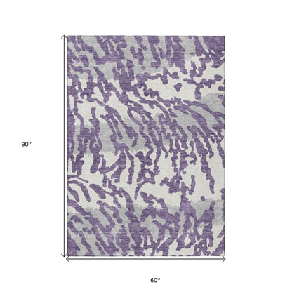 Tabselect Home Line 5' X 8' Purple Gray And Ivory Animal Print Washable Indoor Outdoor Area Rug