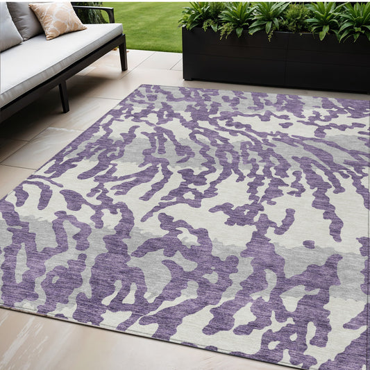 Tabselect Home Line 5' X 8' Purple Gray And Ivory Animal Print Washable Indoor Outdoor Area Rug