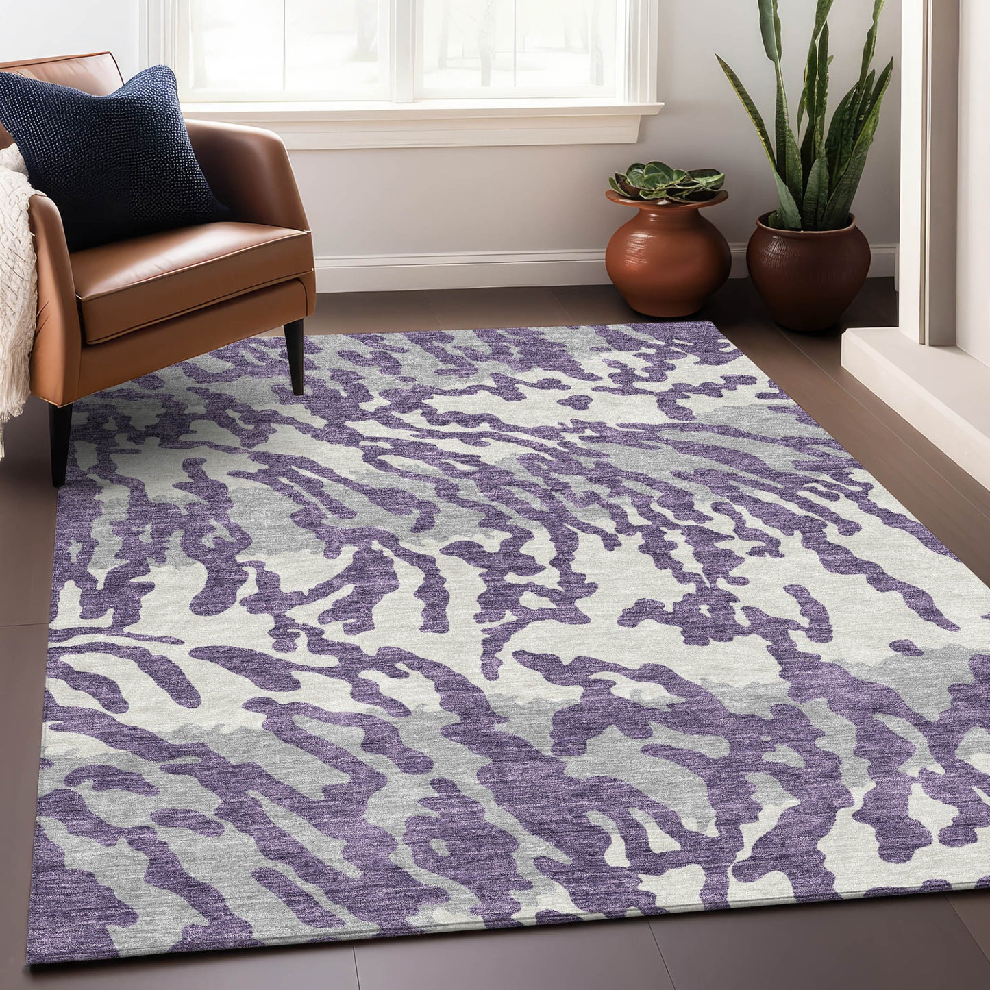 Tabselect Home Line 5' X 8' Purple Gray And Ivory Animal Print Washable Indoor Outdoor Area Rug