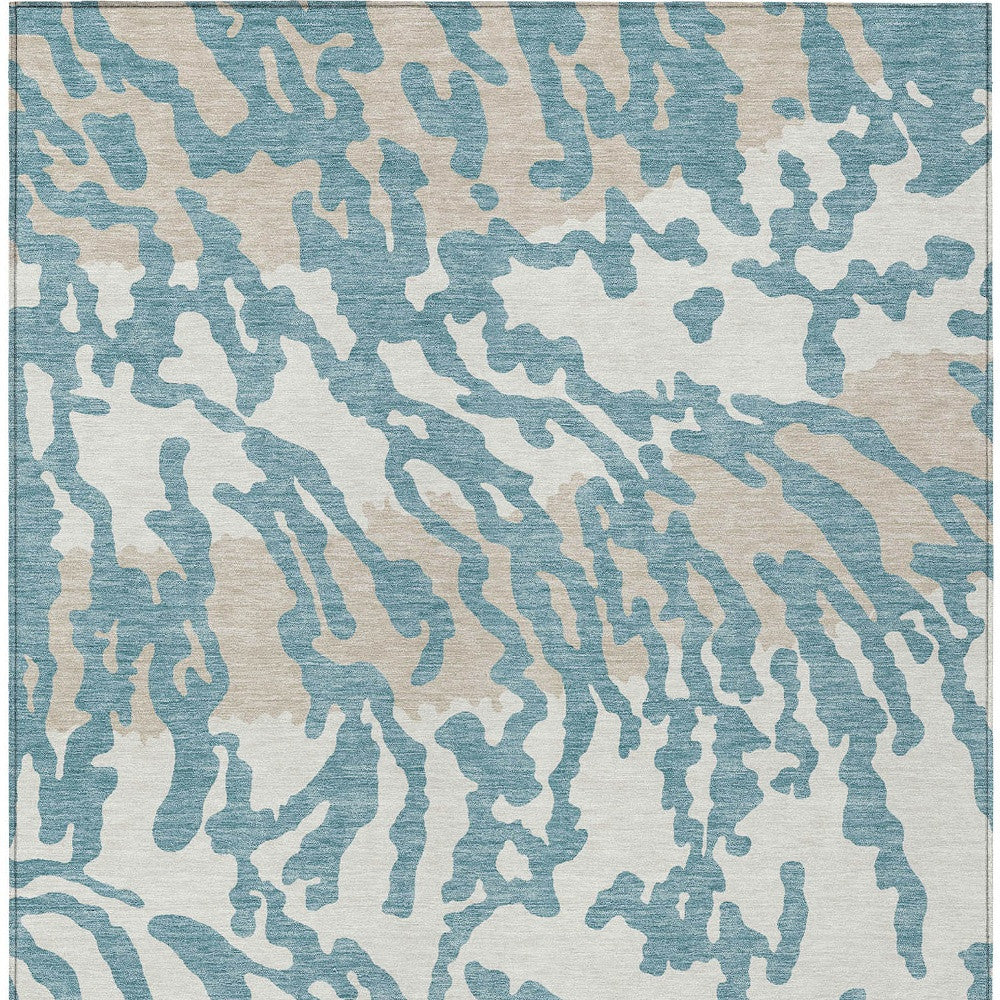 Tabselect Home Line 5' X 8' Teal Blue Beige And Ivory Animal Print Washable Indoor Outdoor Area Rug