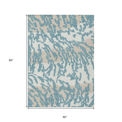 Tabselect Home Line 5' X 8' Teal Blue Beige And Ivory Animal Print Washable Indoor Outdoor Area Rug