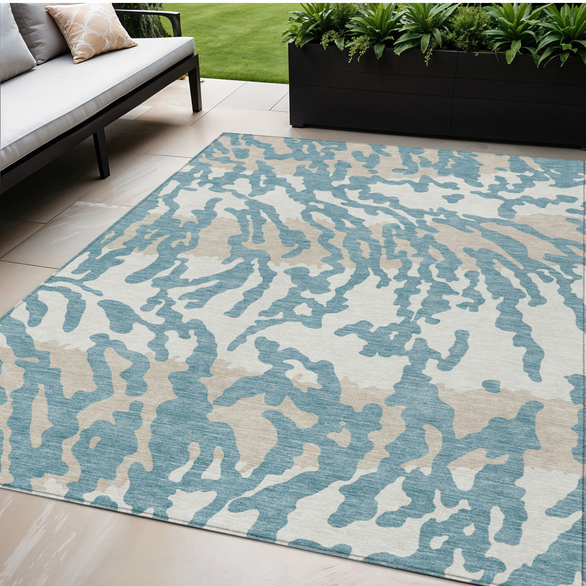 Tabselect Home Line 5' X 8' Teal Blue Beige And Ivory Animal Print Washable Indoor Outdoor Area Rug