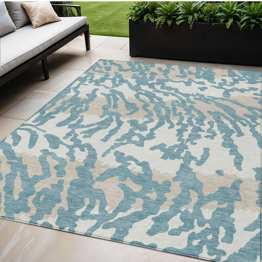 Tabselect Home Line 5' X 8' Teal Blue Beige And Ivory Animal Print Washable Indoor Outdoor Area Rug