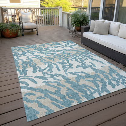 Tabselect Home Line 5' X 8' Teal Blue Beige And Ivory Animal Print Washable Indoor Outdoor Area Rug