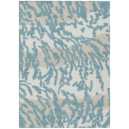 Tabselect Home Line 5' X 8' Teal Blue Beige And Ivory Animal Print Washable Indoor Outdoor Area Rug