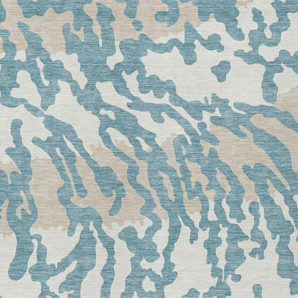 Tabselect Home Line 5' X 8' Teal Blue Beige And Ivory Animal Print Washable Indoor Outdoor Area Rug