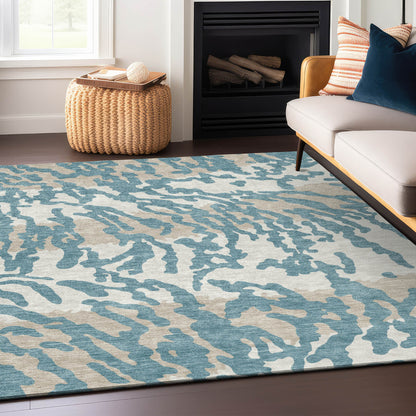 Tabselect Home Line 5' X 8' Teal Blue Beige And Ivory Animal Print Washable Indoor Outdoor Area Rug