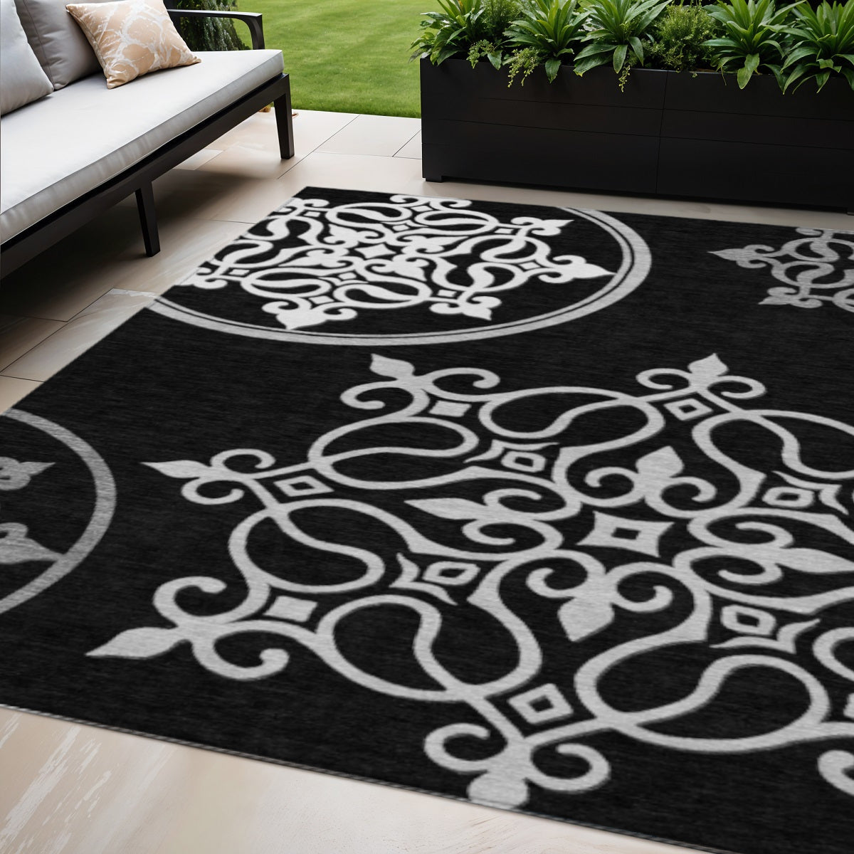 Tabselect Home Line 5' X 8' Black Floral Medallion Washable Indoor Outdoor Area Rug
