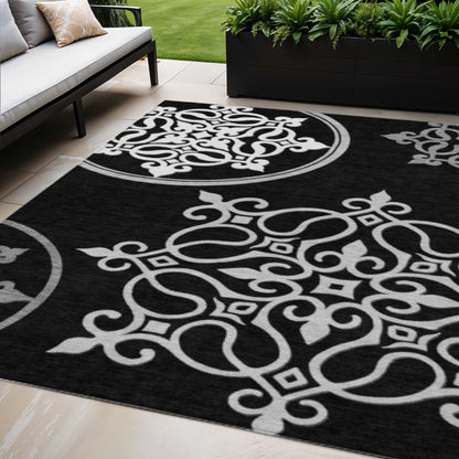 Tabselect Home Line 5' X 8' Black Floral Medallion Washable Indoor Outdoor Area Rug