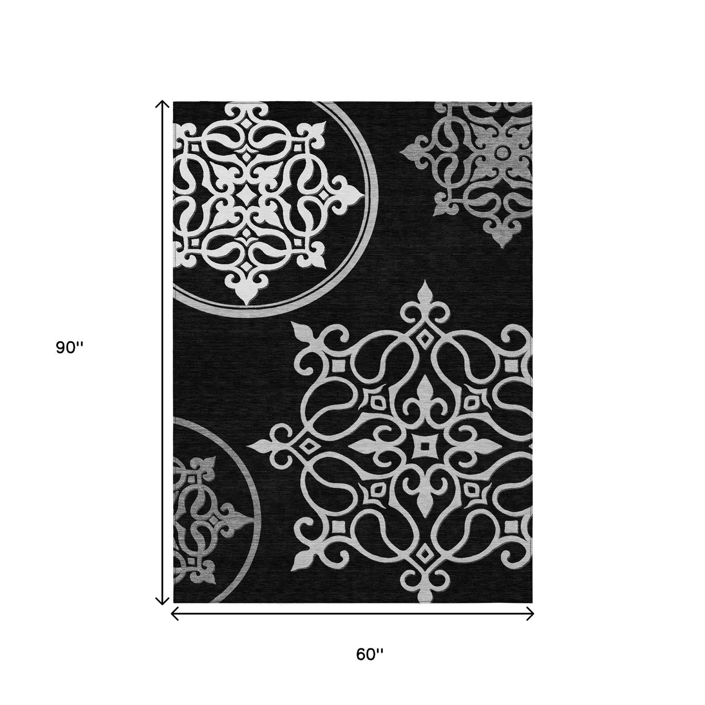 Tabselect Home Line 5' X 8' Black Floral Medallion Washable Indoor Outdoor Area Rug