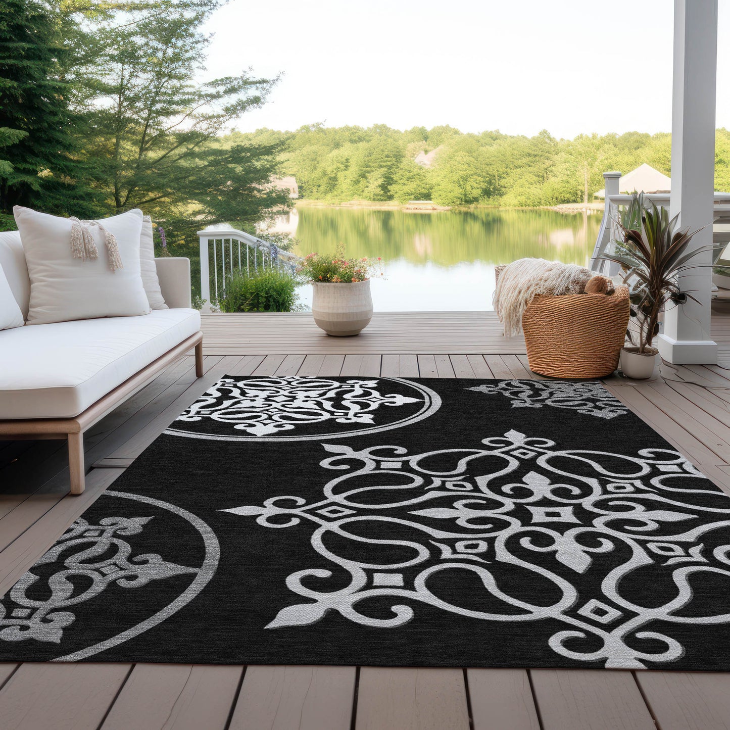 Tabselect Home Line 5' X 8' Black Floral Medallion Washable Indoor Outdoor Area Rug