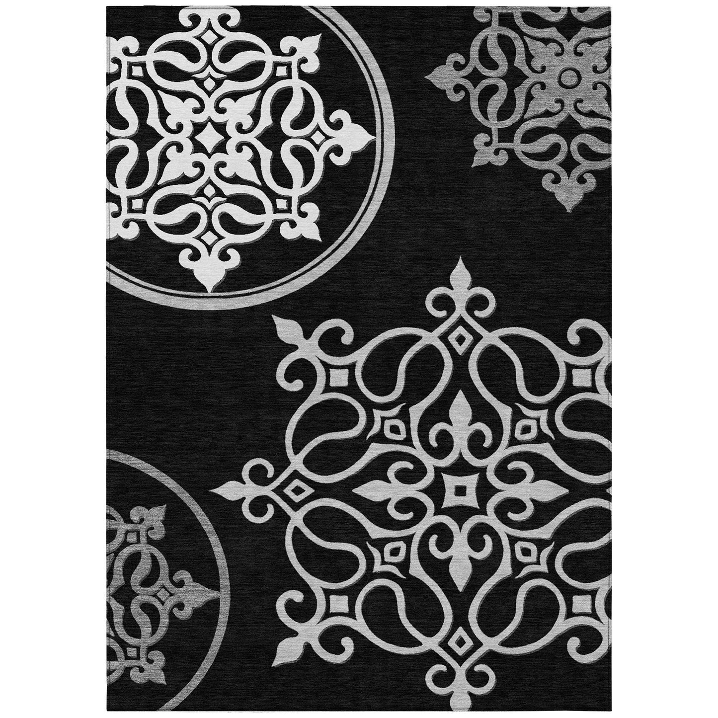 Tabselect Home Line 5' X 8' Black Floral Medallion Washable Indoor Outdoor Area Rug