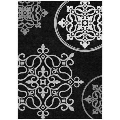 Tabselect Home Line 5' X 8' Black Floral Medallion Washable Indoor Outdoor Area Rug