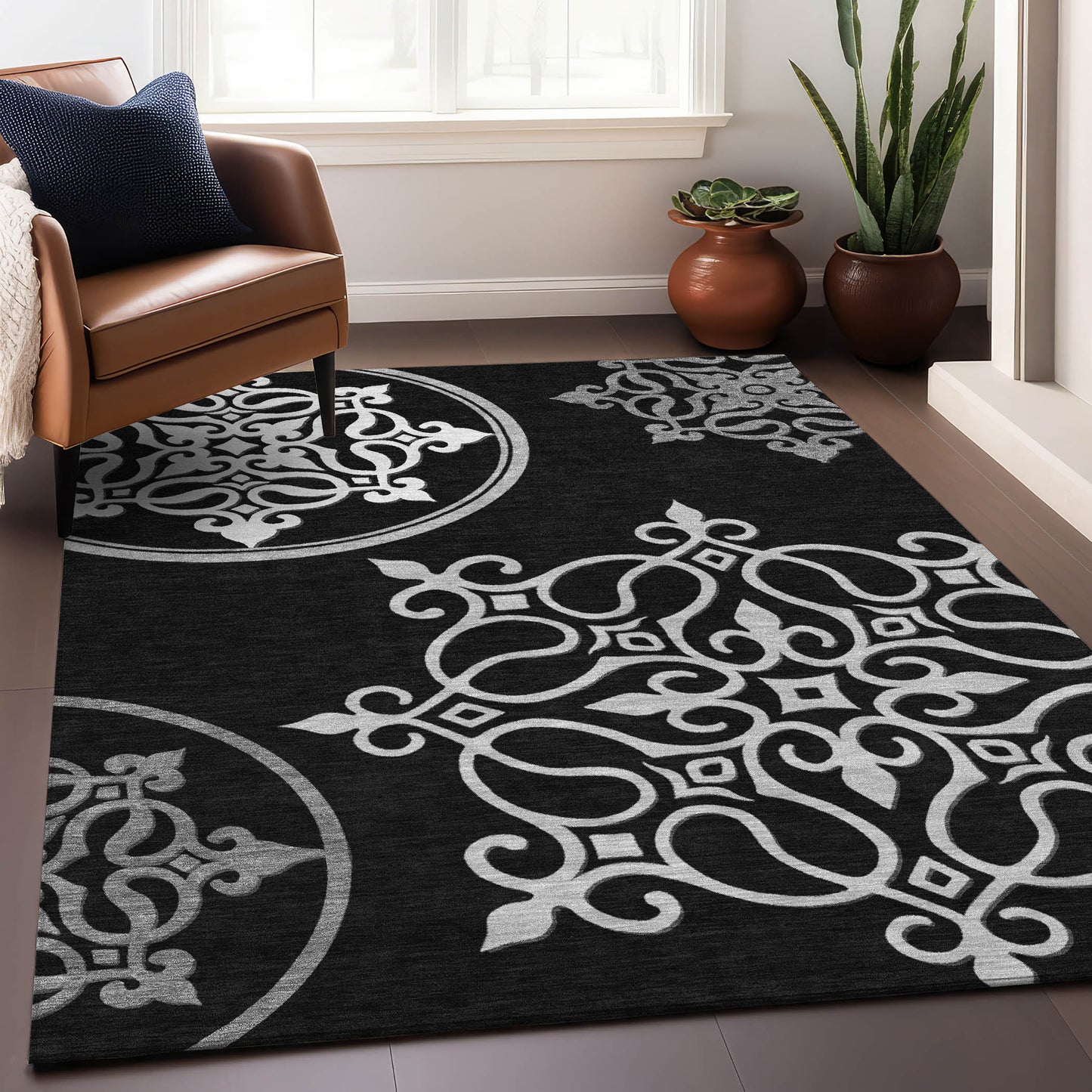 Tabselect Home Line 5' X 8' Black Floral Medallion Washable Indoor Outdoor Area Rug