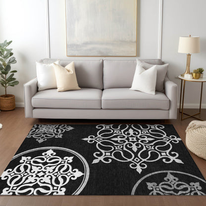 Tabselect Home Line 5' X 8' Black Floral Medallion Washable Indoor Outdoor Area Rug