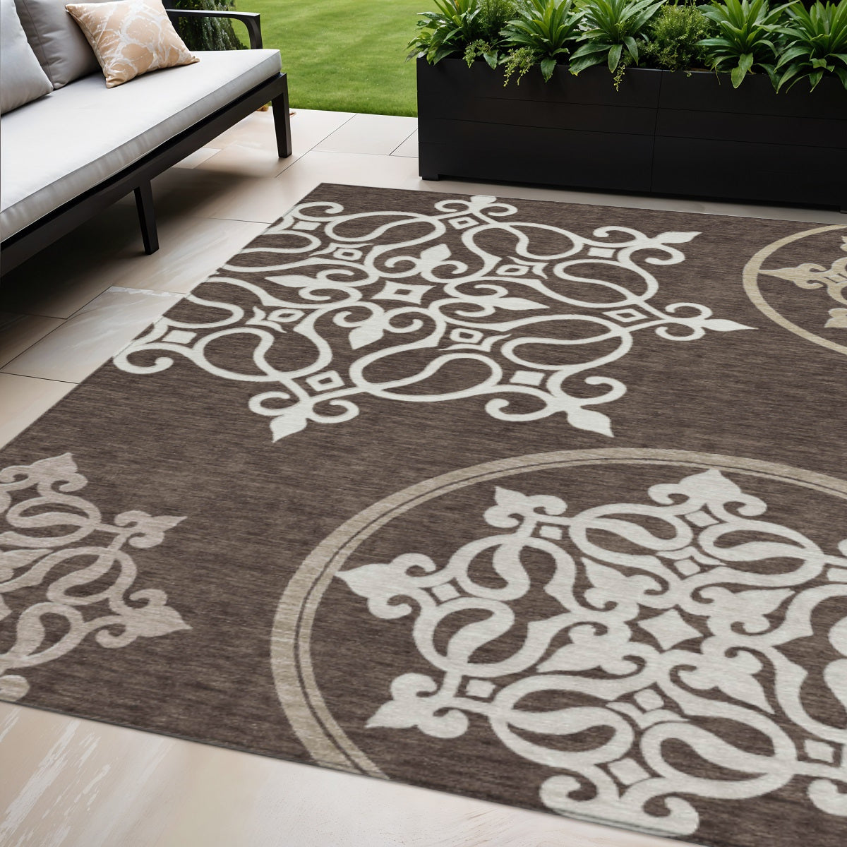 Tabselect Home Line 5' X 8' Chocolate Floral Medallion Washable Indoor Outdoor Area Rug