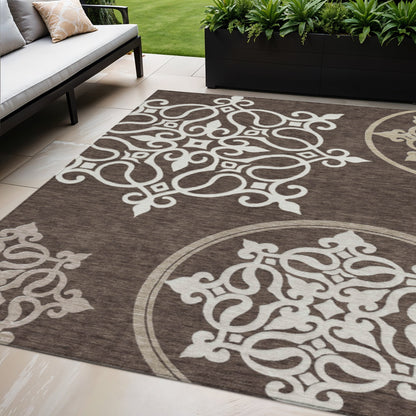 Tabselect Home Line 5' X 8' Chocolate Floral Medallion Washable Indoor Outdoor Area Rug