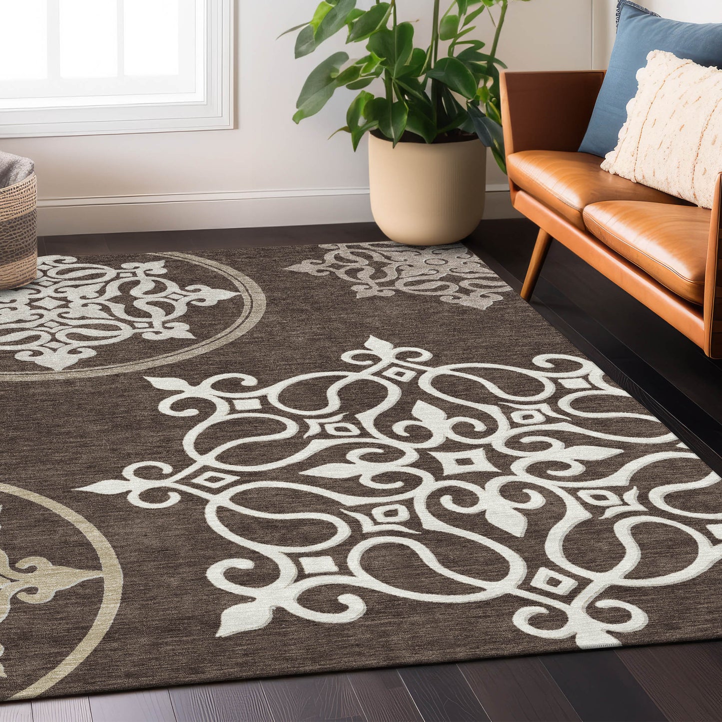 Tabselect Home Line 5' X 8' Chocolate Floral Medallion Washable Indoor Outdoor Area Rug