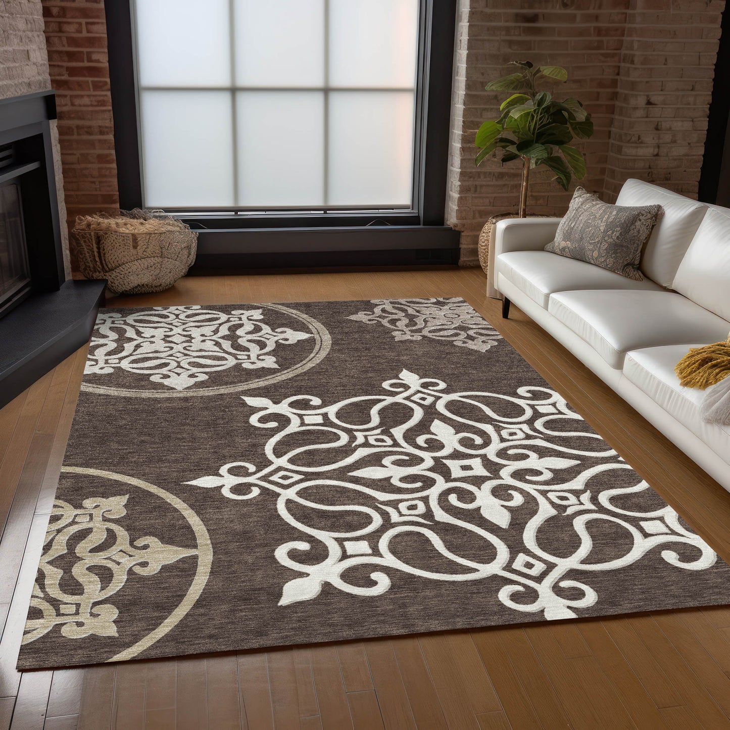 Tabselect Home Line 5' X 8' Chocolate Floral Medallion Washable Indoor Outdoor Area Rug