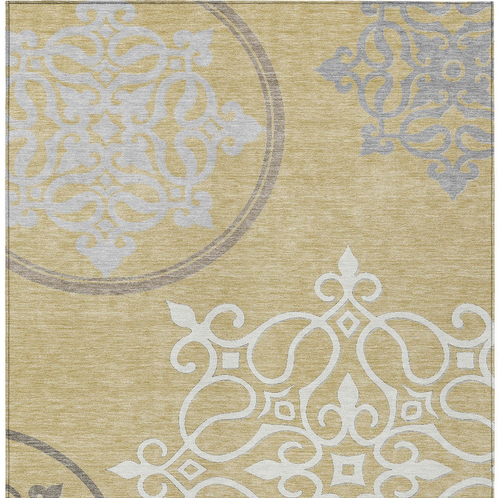 Tabselect Home Line 5' X 8' Gold Ivory And Gray Floral Medallion Washable Indoor Outdoor Area Rug