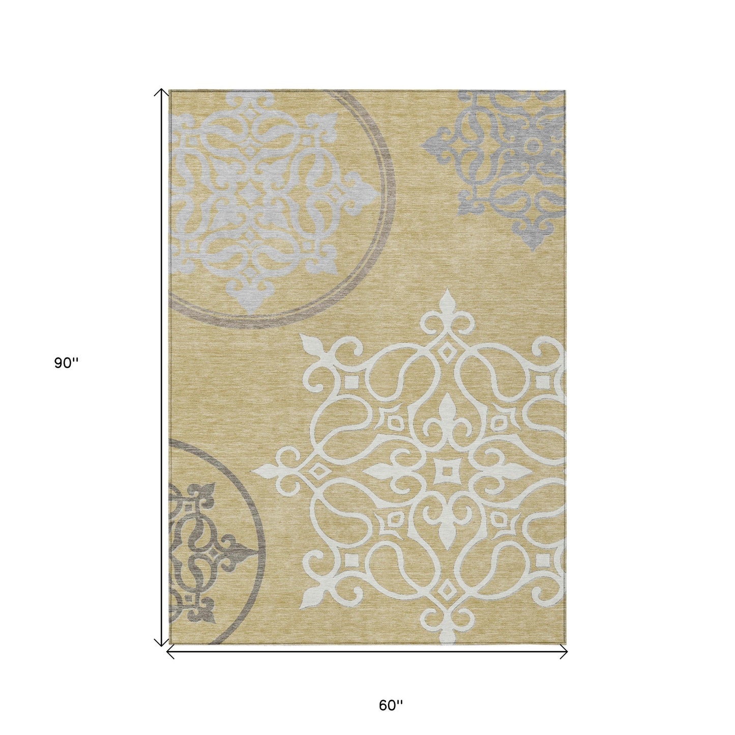 Tabselect Home Line 5' X 8' Gold Ivory And Gray Floral Medallion Washable Indoor Outdoor Area Rug
